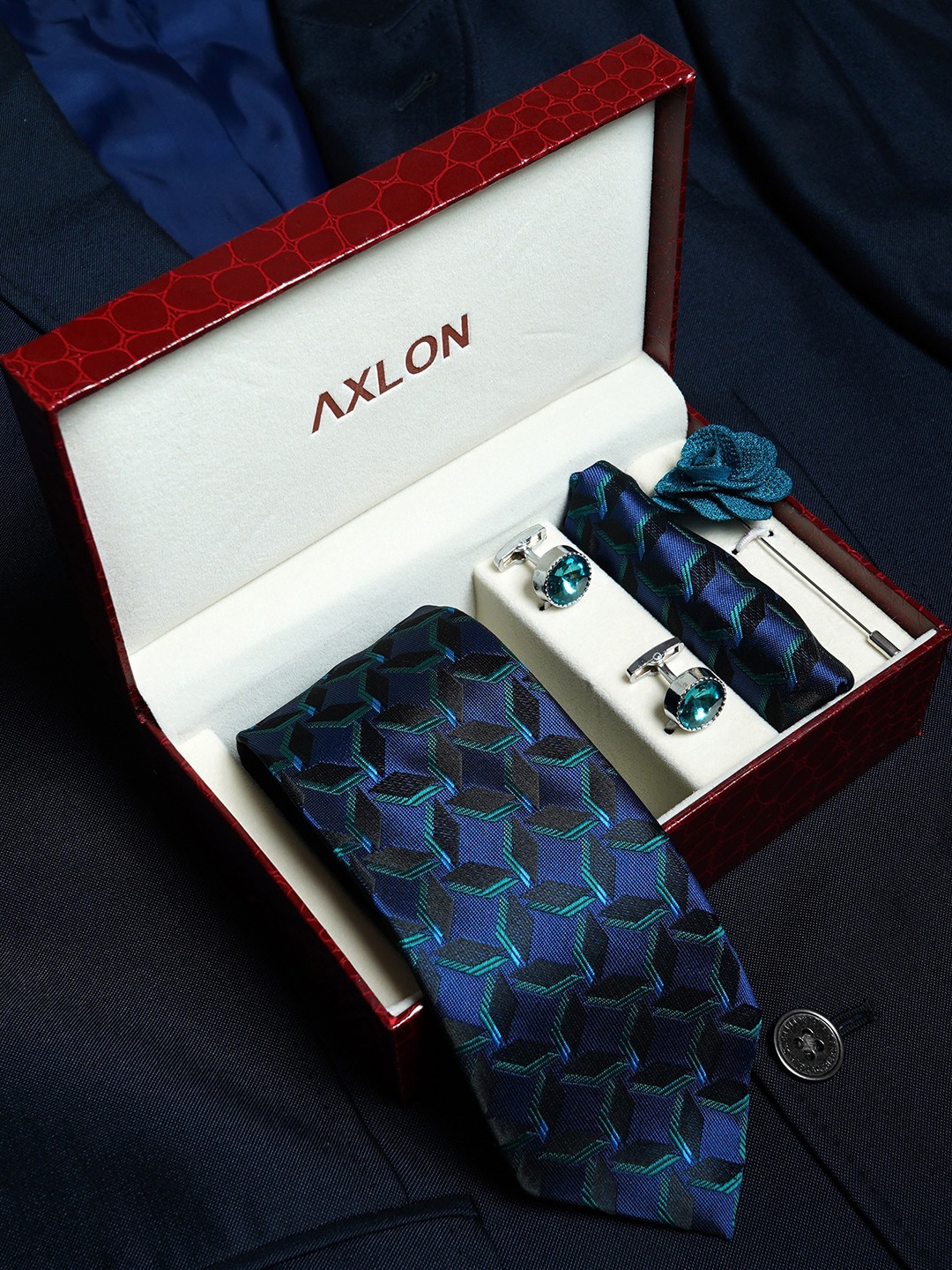 

AXLON Set Of 4 Printed Necktie Pocket Square With Cufflink & Flower Pin Accessory Gift Set, Teal