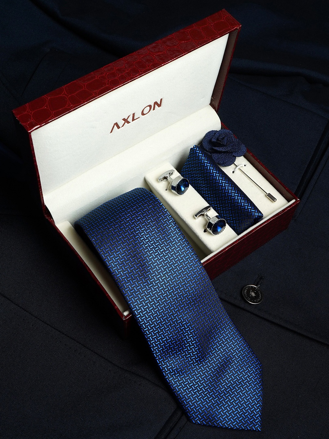 

AXLON Men Printed Tie Set With Pocket Square, Cufflink & Flower Pin, Navy blue