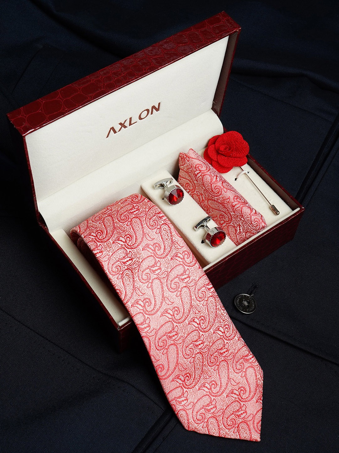 

AXLON Men Paisley Design Tie Set With Pocket Square-Cufflink & Flower Pin, Peach