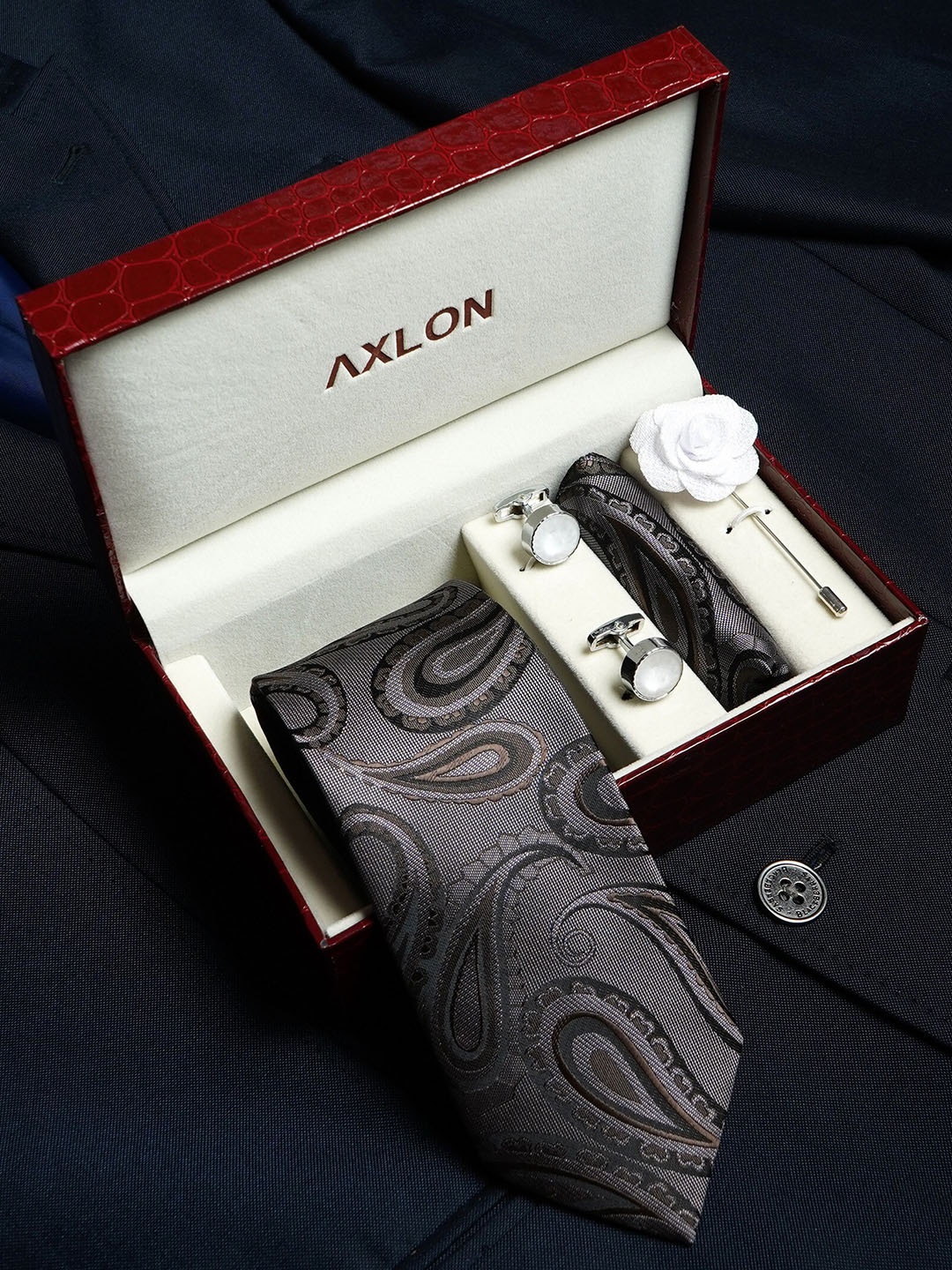 

AXLON Set Of 4 Printed Necktie Pocket Square With Cufflink & Flower Pin Accessory Gift Set, Grey