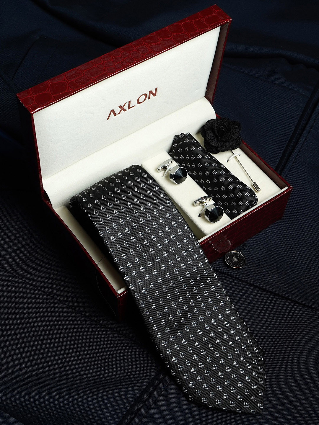 

AXLON Men Geometric Design Tie Set With Pocket Square-Cufflink & Flower Pin, Black