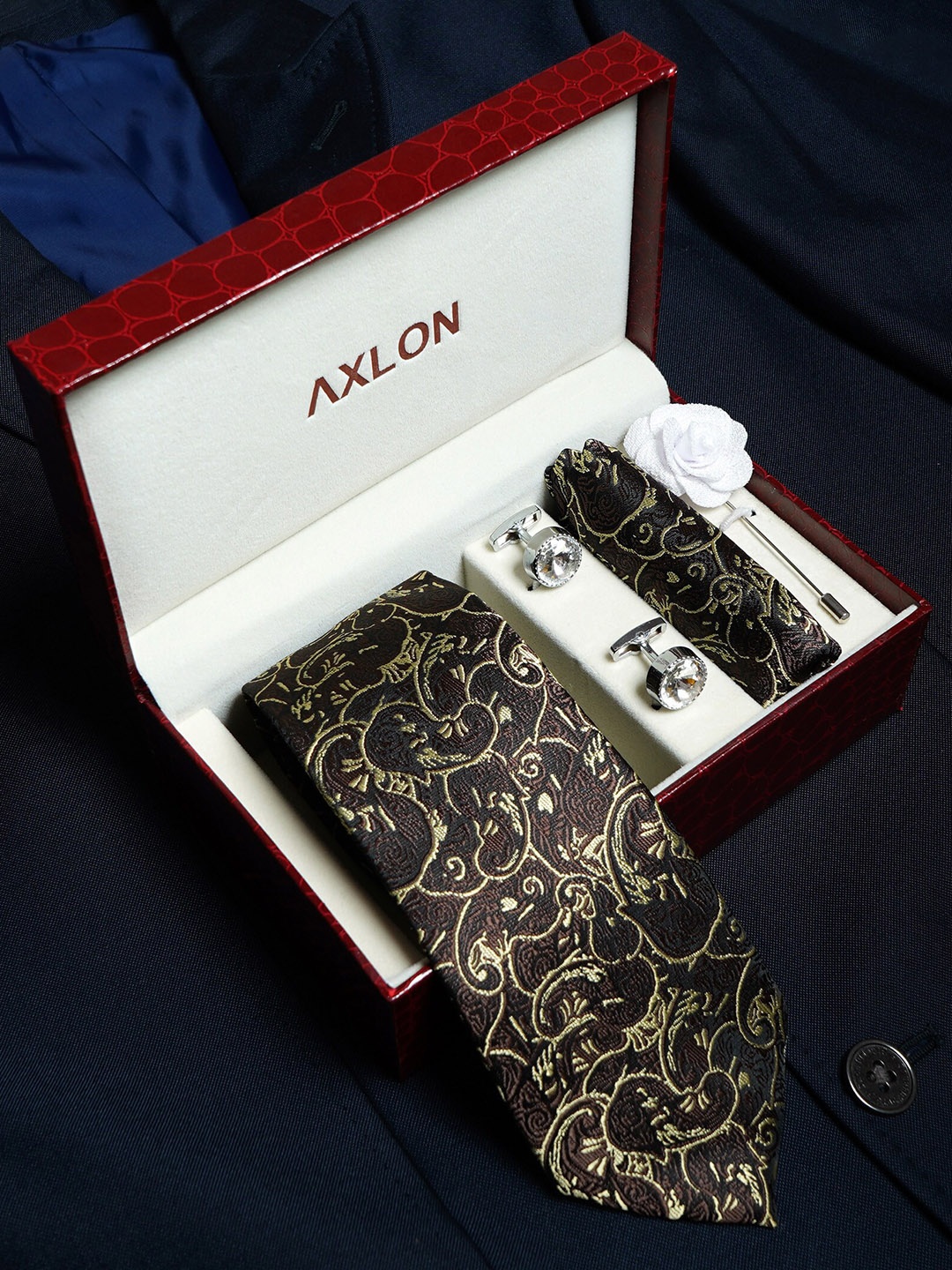

AXLON Men Printed Tie Set With Pocket Square, Cufflink & Flower Pin, Brown