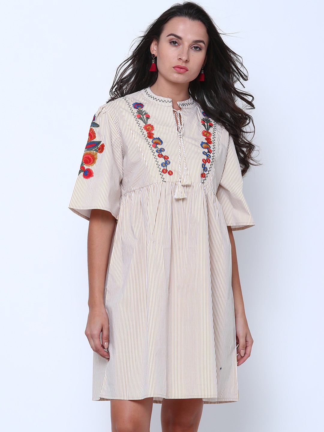 

Tokyo Talkies Women Beige Striped Fit and Flare Dress