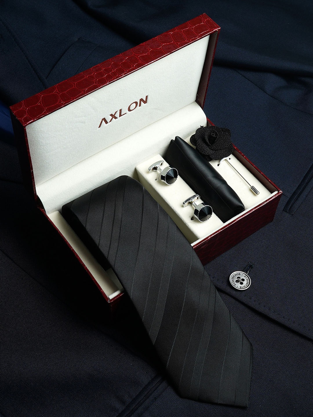 

AXLON Set Of 4 Printed Necktie Pocket Square With Cufflink & Flower Pin Accessory Gift Set, Black