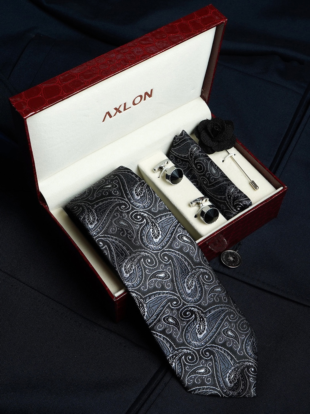 

AXLON Men Printed Tie Set With Pocket Square, Cufflink & Flower Pin, Grey