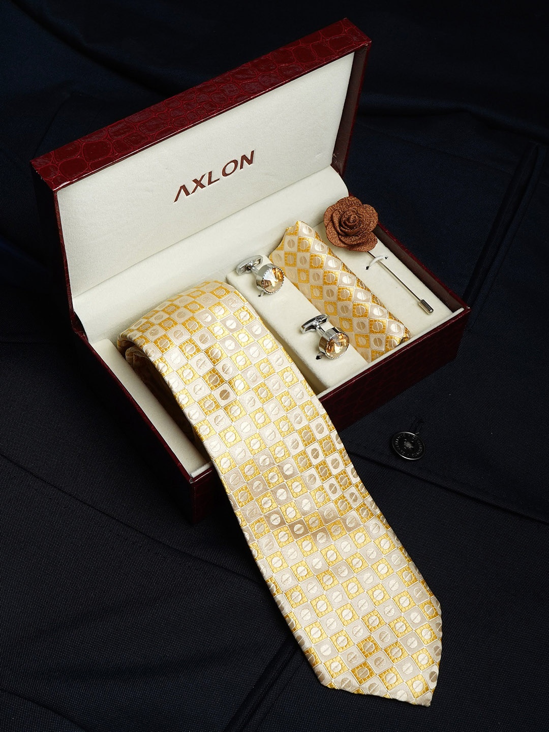 

AXLON Men Printed Tie Set With Pocket Square, Cufflink & Flower Pin, Gold