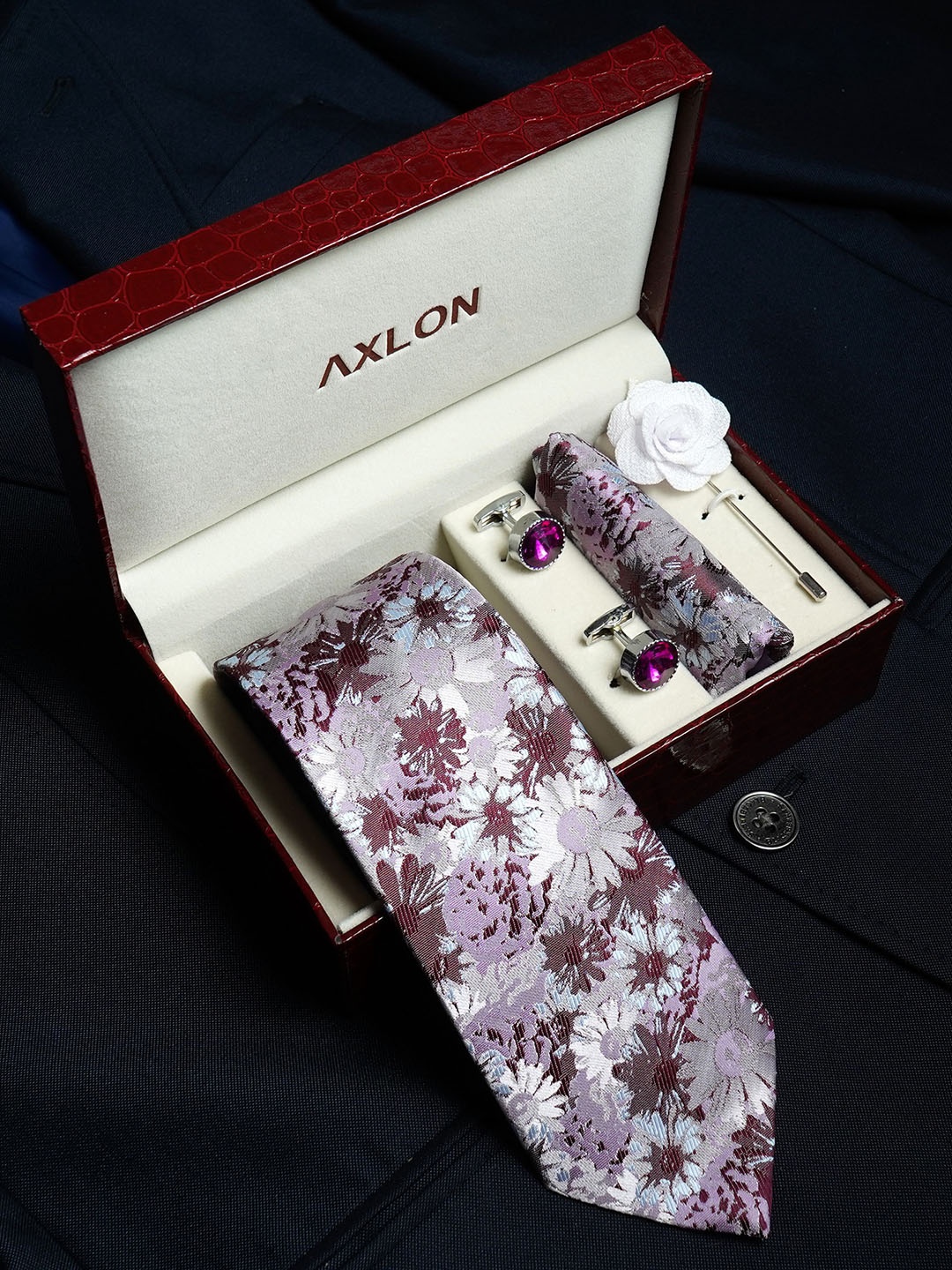 

AXLON Set Of 4 Printed Necktie Pocket Square With Cufflink & Flower Pin Accessory Gift Set, Multi