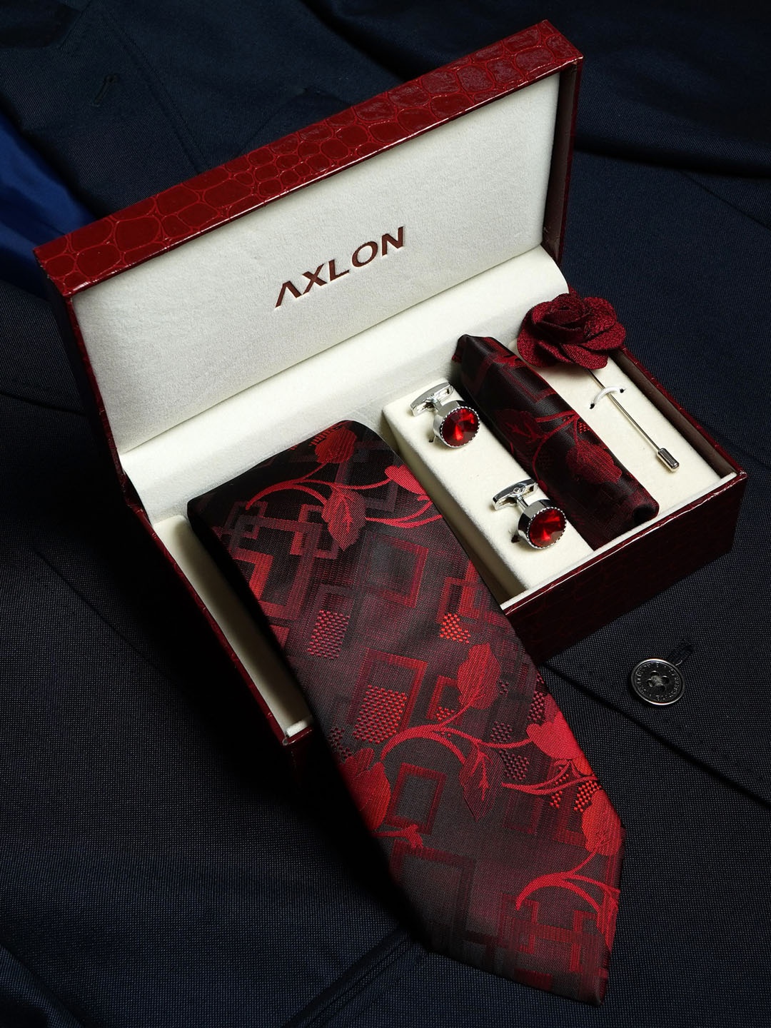 

AXLON Men Printed Tie Set With Pocket Square, Cufflink & Flower Pin, Red