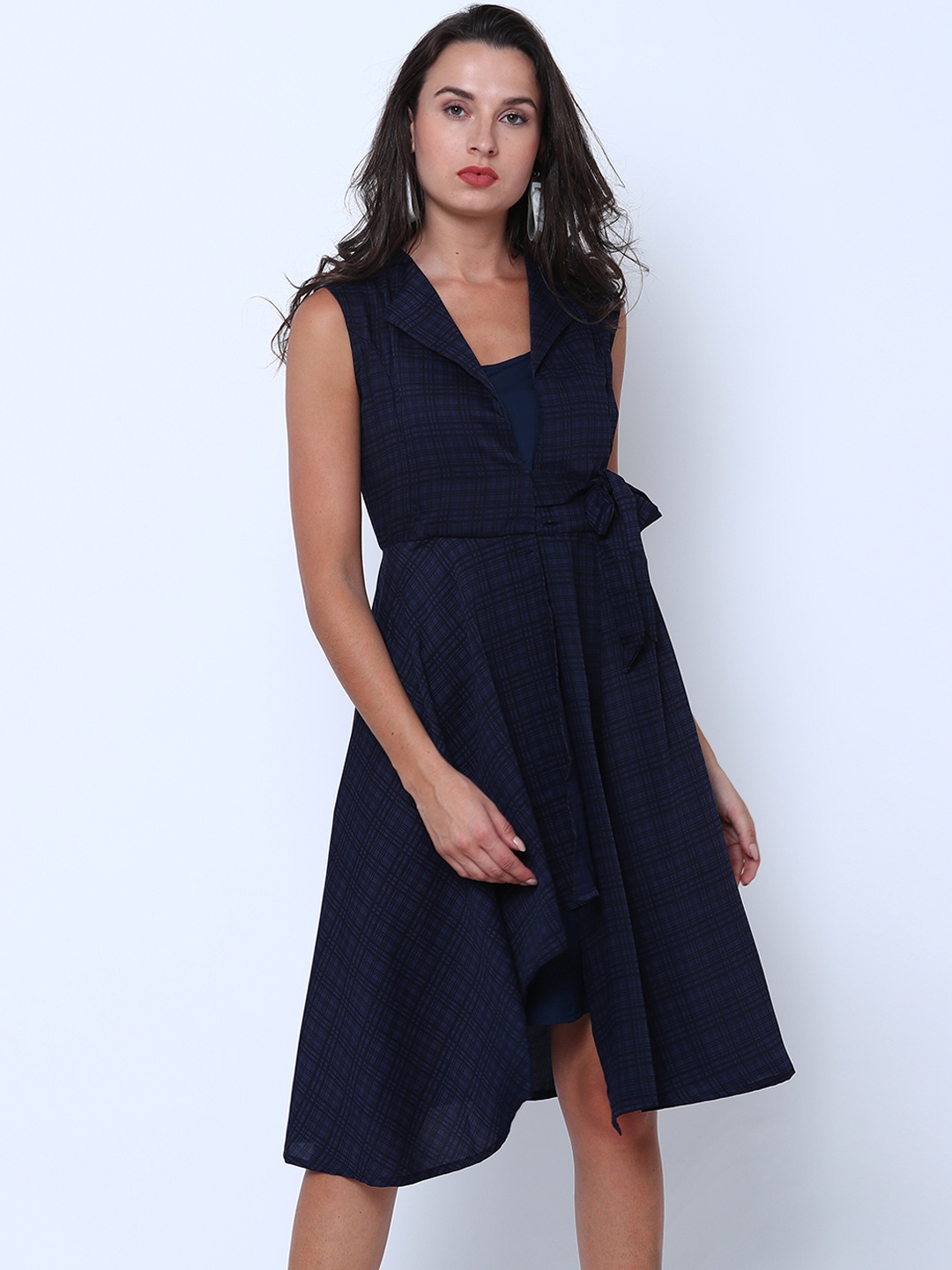 

Tokyo Talkies Women Navy Blue Checked Wrap Dress