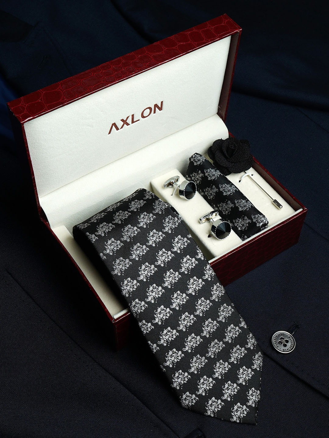 

AXLON Set Of 4 Printed Necktie Pocket Square With Cufflink & Flower Pin Accessory Gift Set, Black