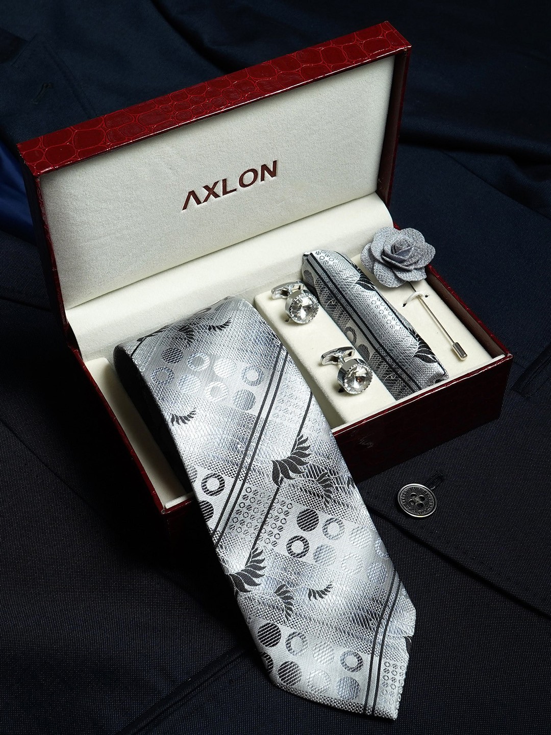 

AXLON Set Of 4 Printed Necktie Pocket Square With Cufflink & Flower Pin Accessory Gift Set, Grey
