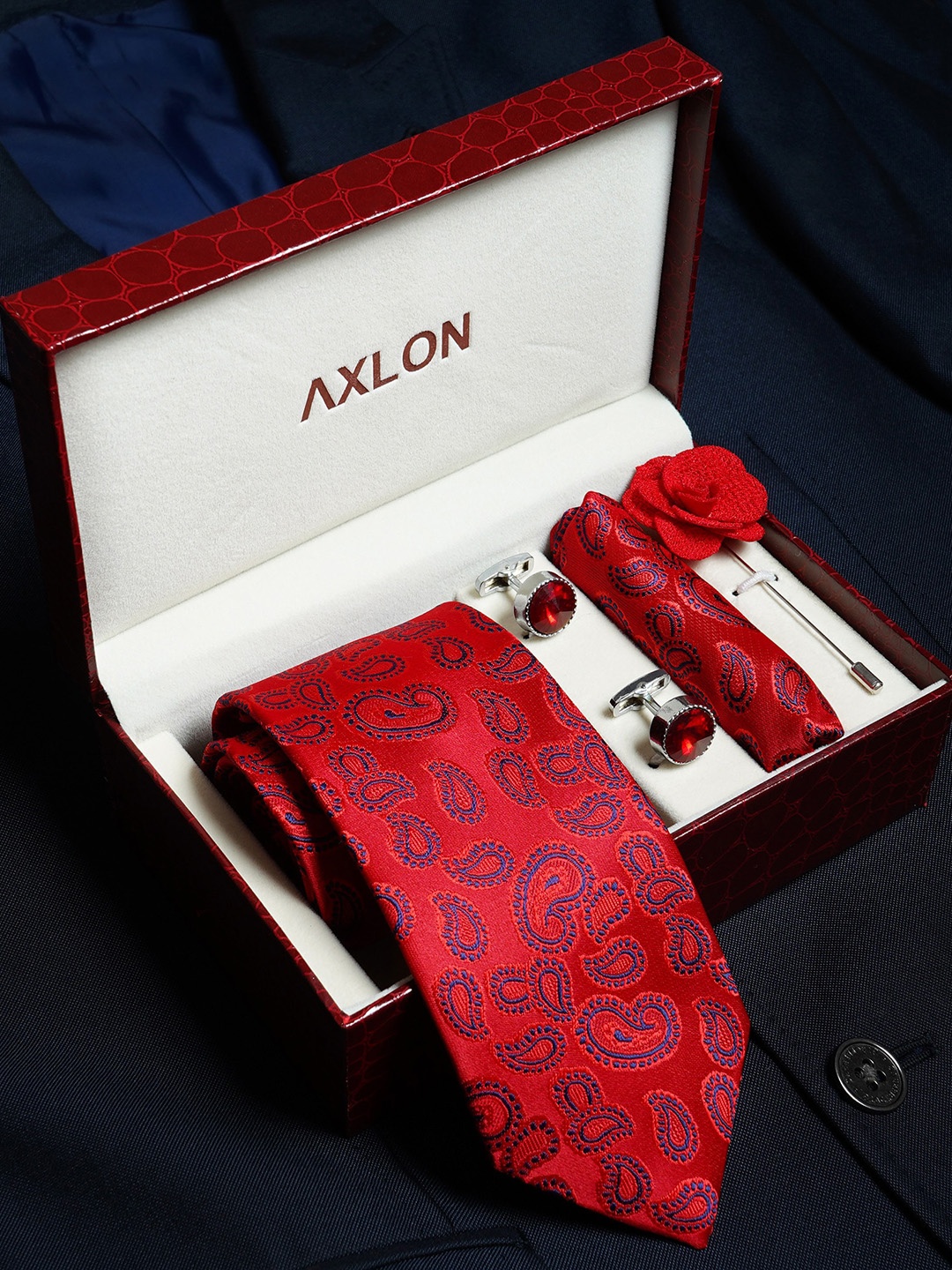 

AXLON Men Paisley Design Tie Set With Pocket Square-Cufflink & Flower Pin, Red