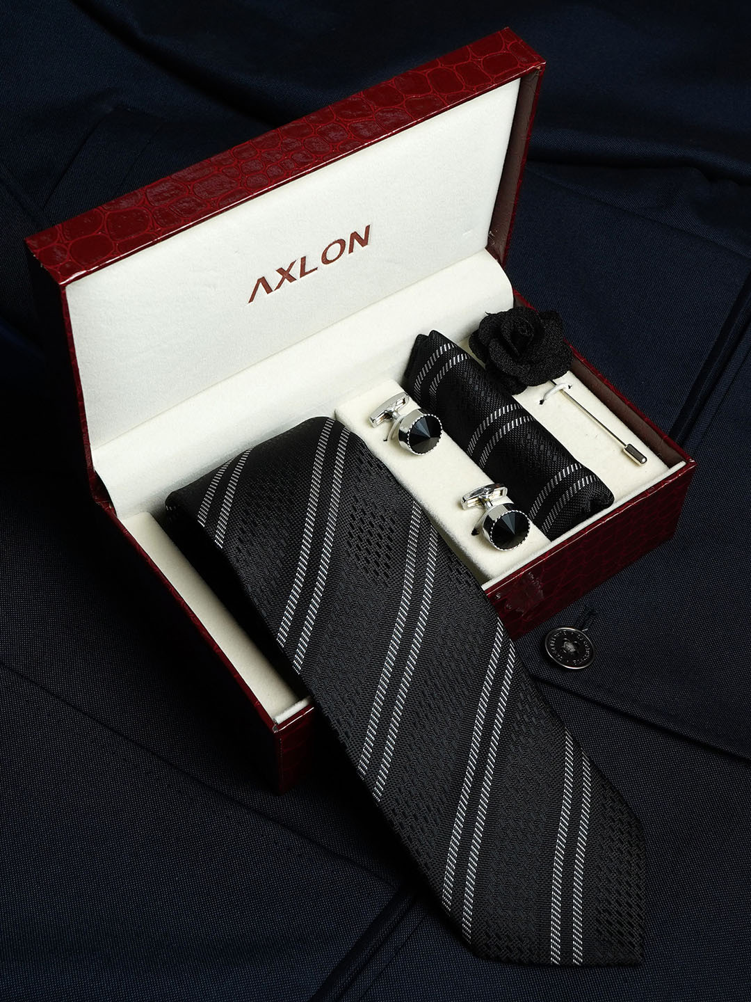 

AXLON Set Of 4 Printed Necktie Pocket Square With Cufflink & Flower Pin Accessory Gift Set, Black