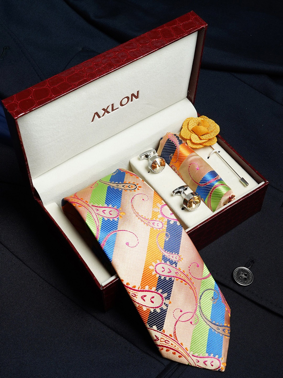 

AXLON Men Striped Design Tie Set With Pocket Square-Cufflink & Flower Pin, Peach