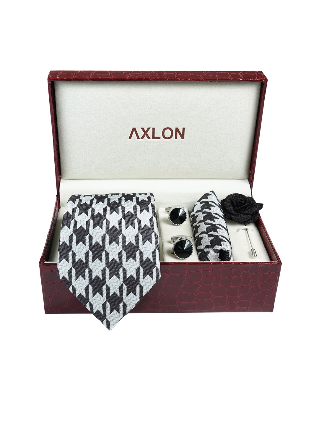 

AXLON Set Of 4 Printed Necktie Pocket Square With Cufflink & Flower Pin Accessory Gift Set, Black