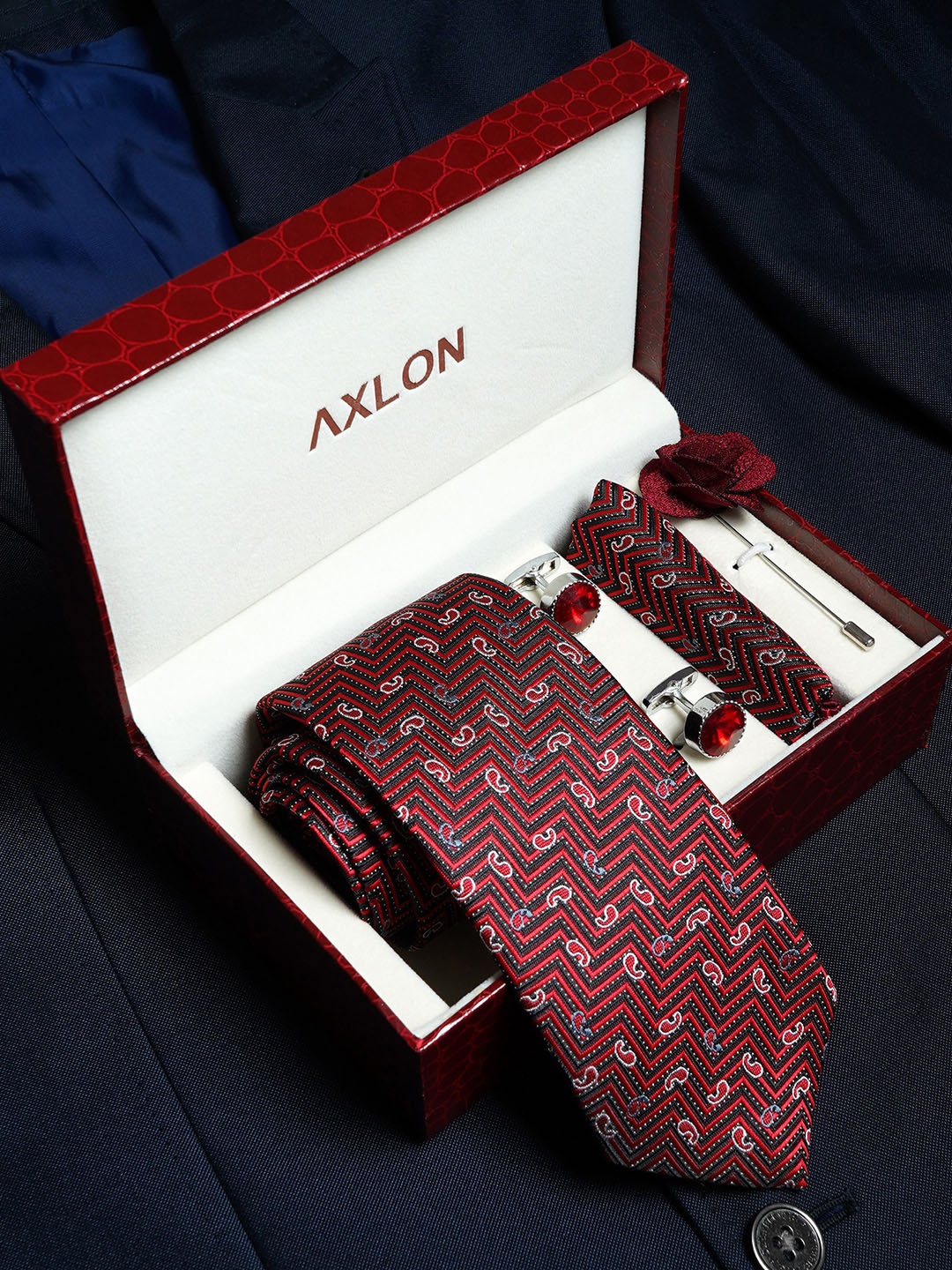 

AXLON Men Printed Tie Set With Pocket Square, Cufflink & Flower Pin, Red