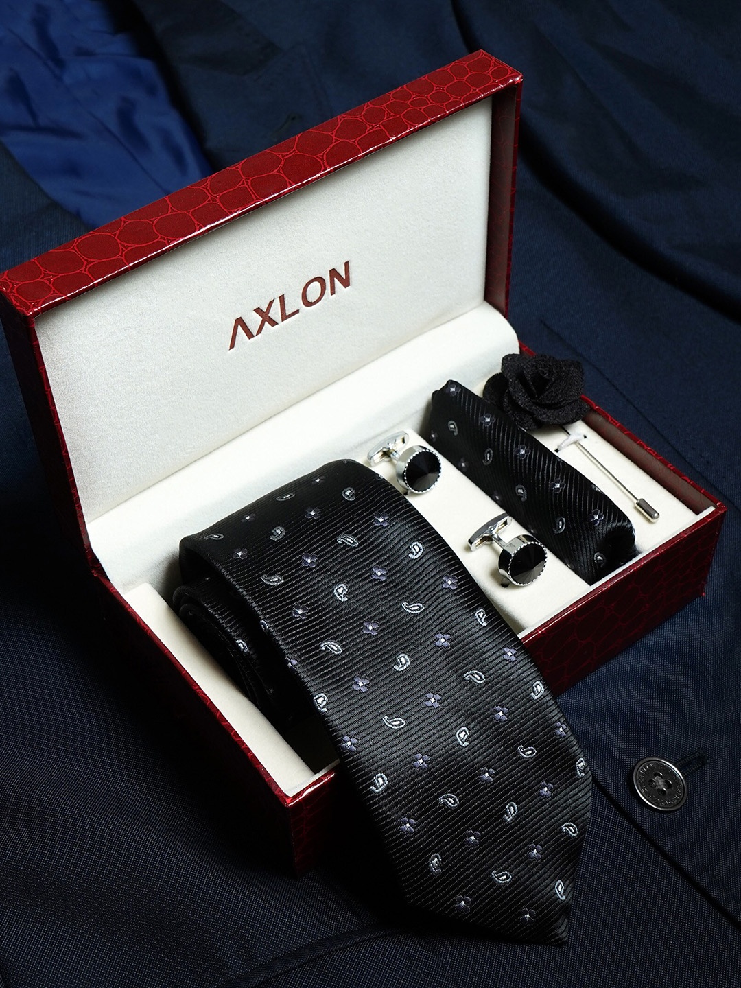 

AXLON Men Micro Paisley Design Tie Set With Pocket Square-Cufflink & Flower Pin, Black