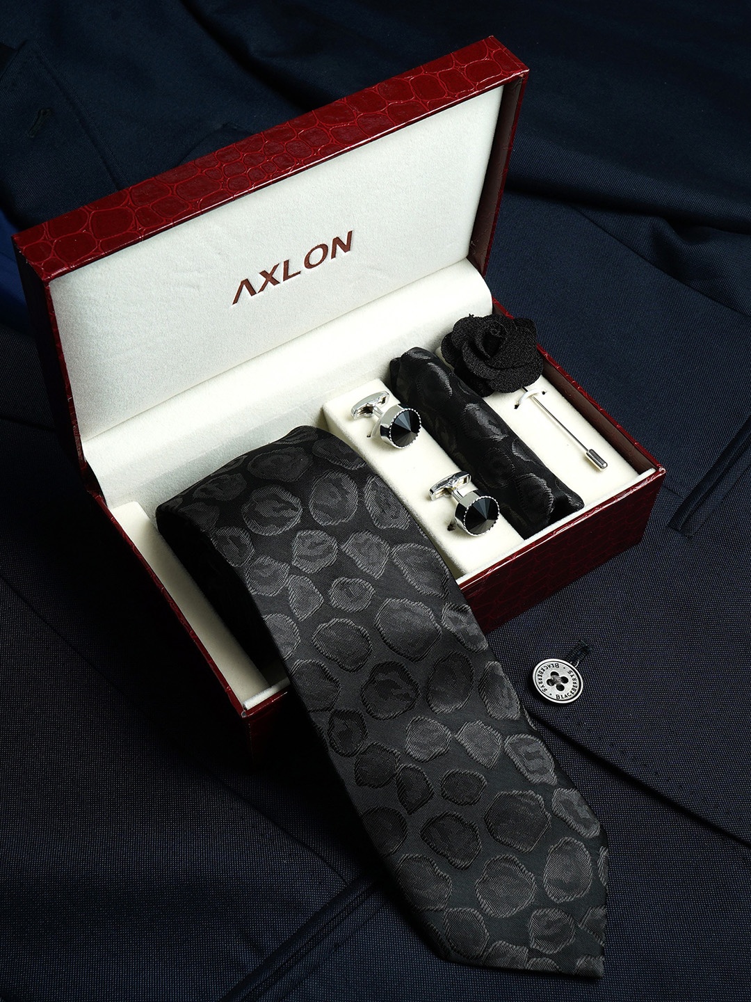 

AXLON Men Printed Tie Set With Pocket Square, Cufflink & Flower Pin, Black