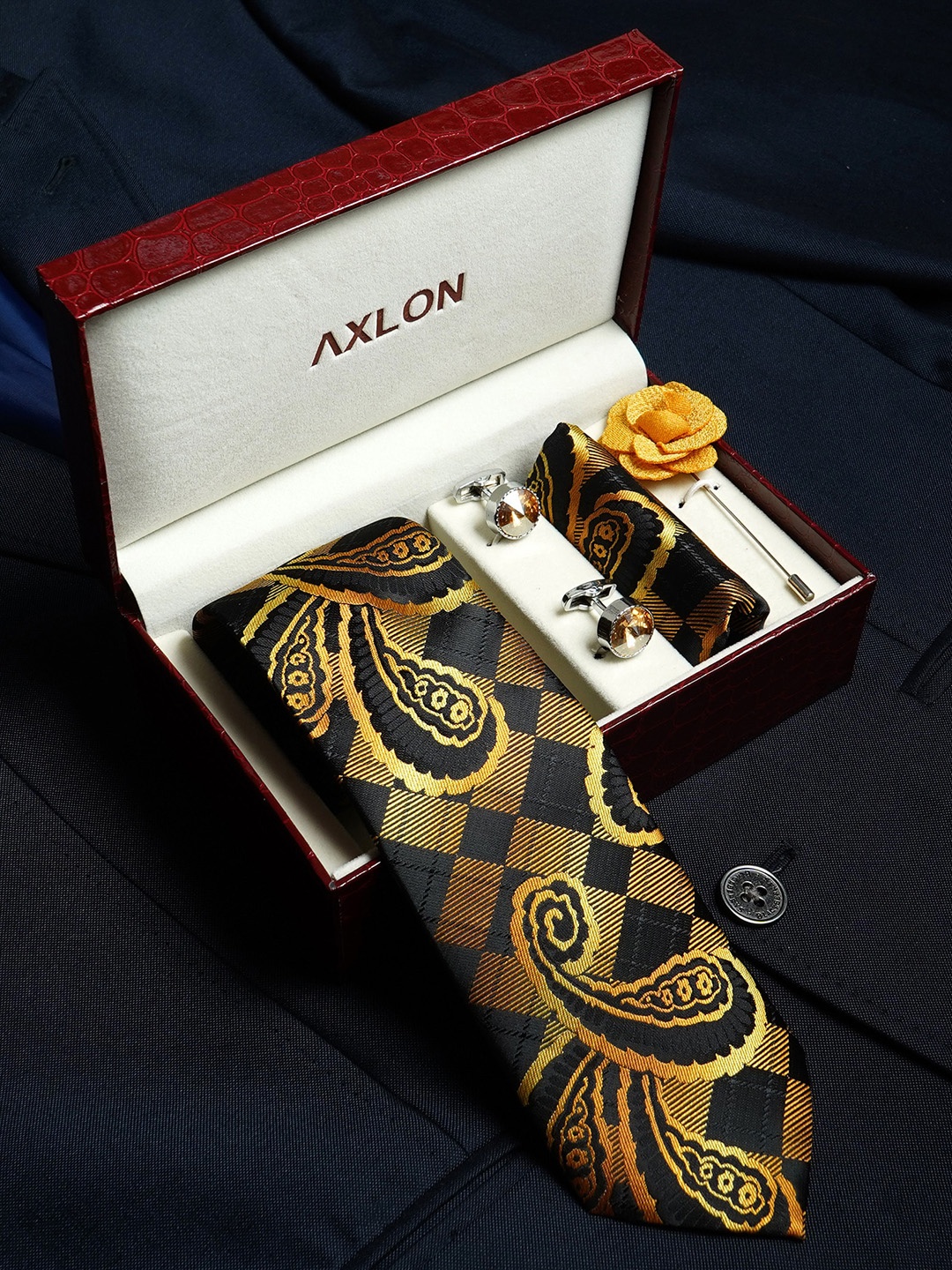 

AXLON Men Checkered Paisley Design Tie Set With Pocket Square-Cufflink & Flower Pin, Blue