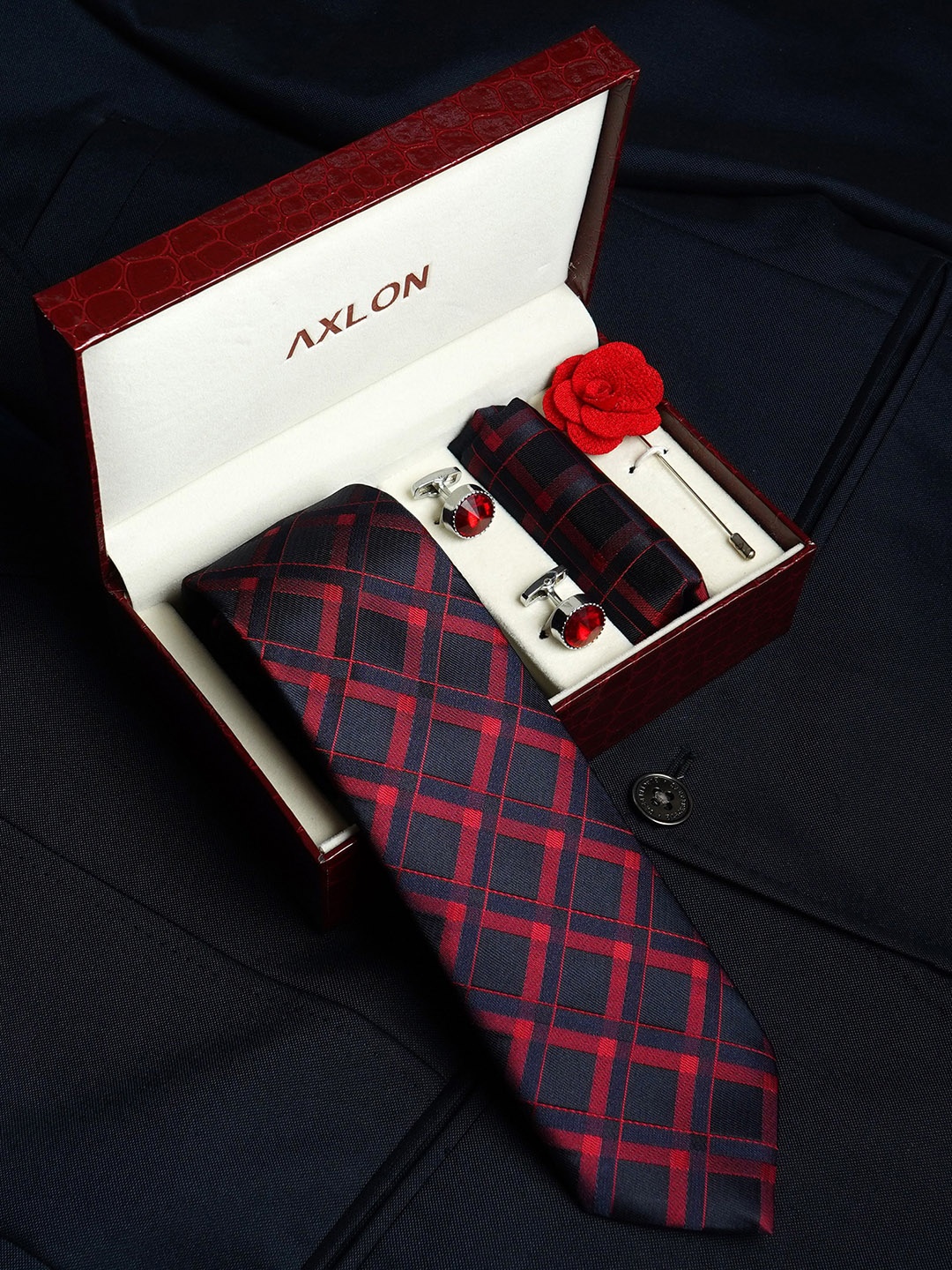 

AXLON Men Printed Tie Set With Pocket Square, Cufflink & Flower Pin, Red