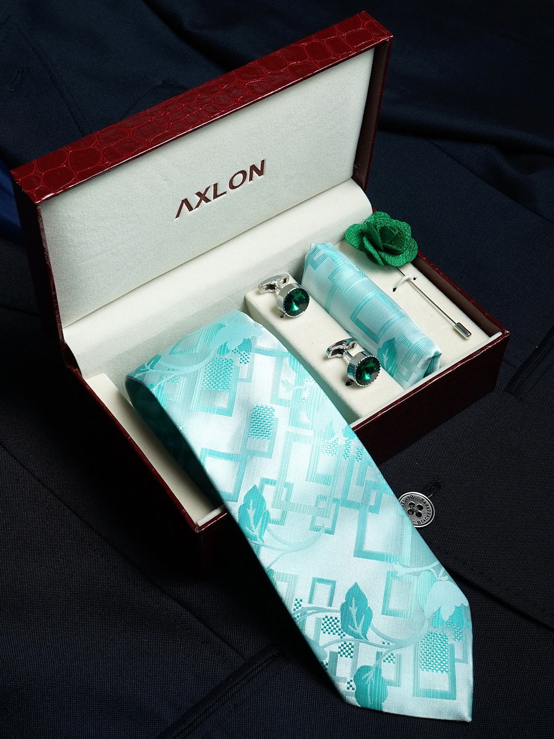 

AXLON Men Printed Tie Set With Pocket Square, Cufflink & Flower Pin, Blue