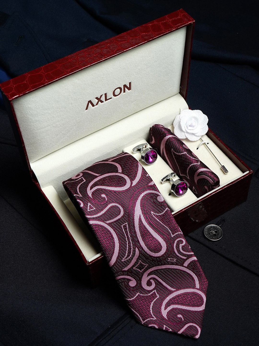 

AXLON Men Paisley Design Tie Set With Pocket Square-Cufflink & Flower Pin, Burgundy