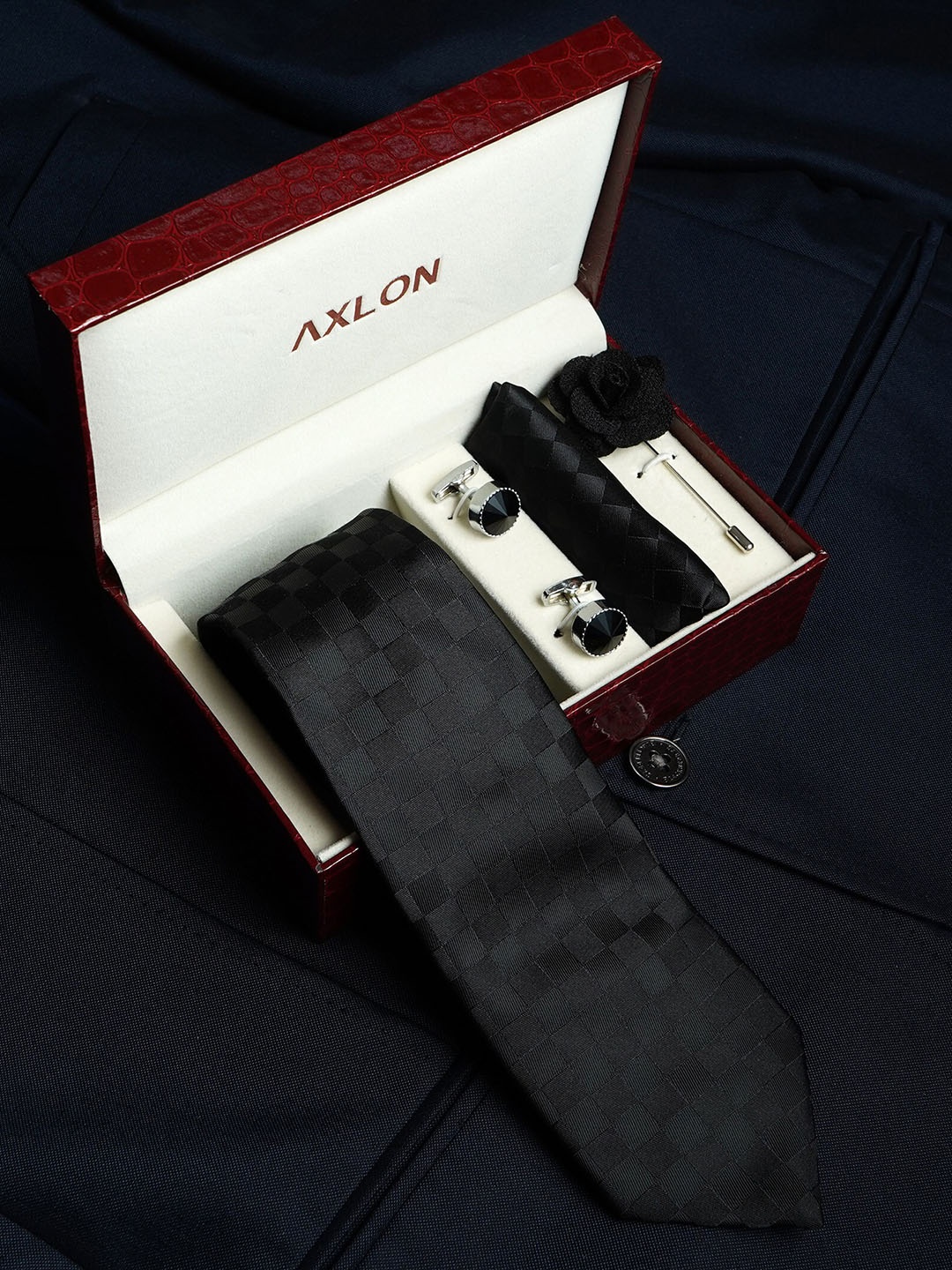 

AXLON Set Of 4 Printed Necktie Pocket Square With Cufflink & Flower Pin Accessory Gift Set, Black