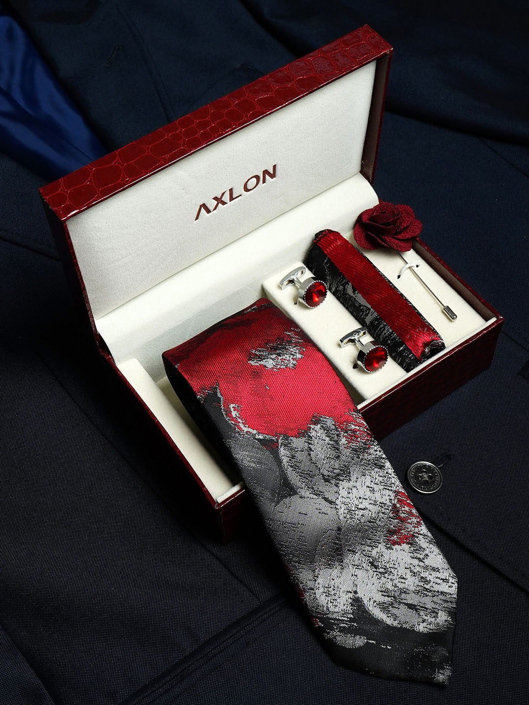 

AXLON Men Abstract Design Tie Set With Pocket Square-Cufflink & Flower Pin, Black