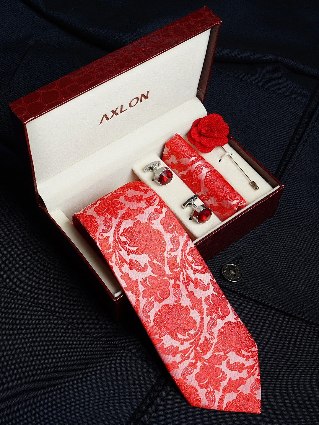 

AXLON Set Of 4 Printed Necktie Pocket Square With Cufflink & Flower Pin Accessory Gift Set, Peach