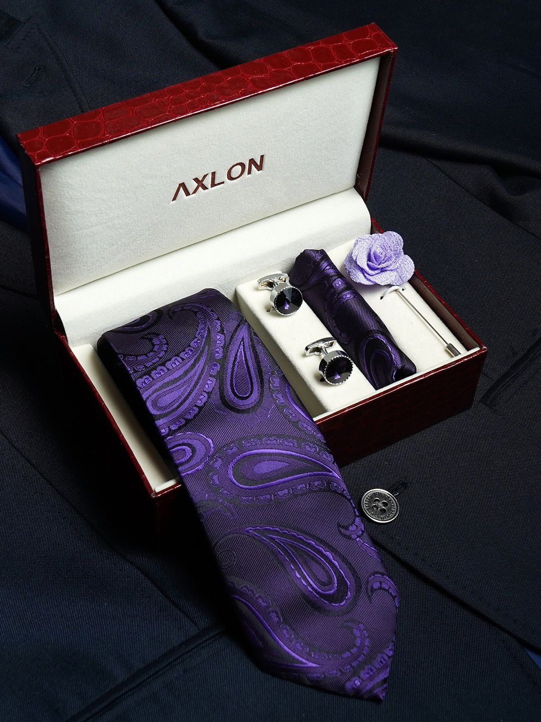 

AXLON Men Printed Tie Set With Pocket Square, Cufflink & Flower Pin, Purple