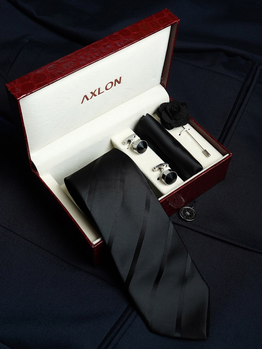 

AXLON Men Striped Design Tie Set With Pocket Square-Cufflink & Flower Pin, Black