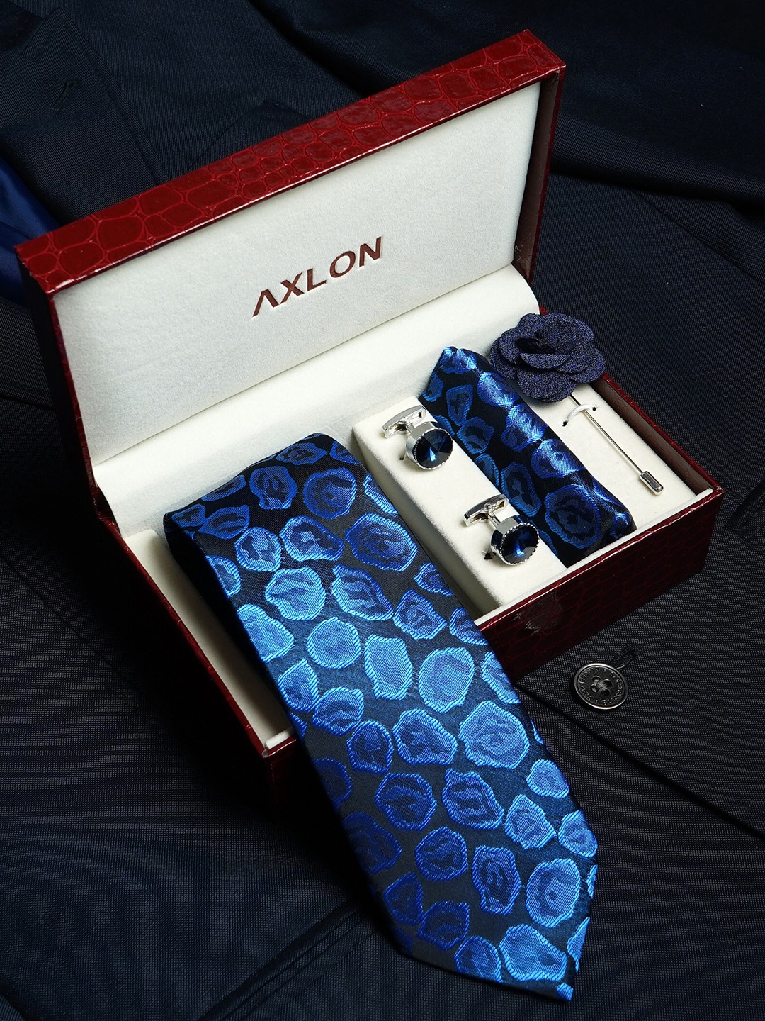 

AXLON Men Printed Tie Set With Pocket Square, Cufflink & Flower Pin, Navy blue