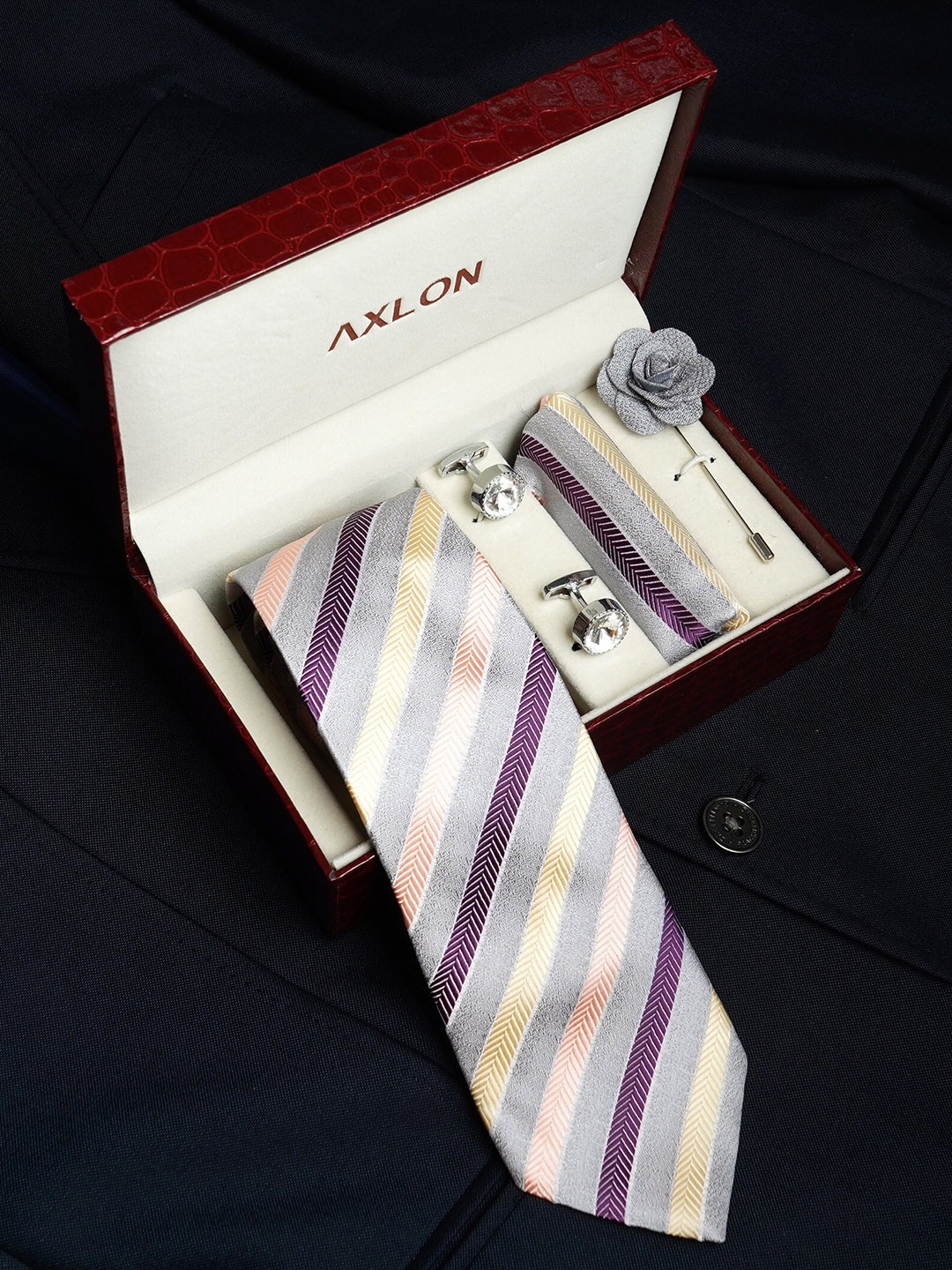 

AXLON Men Striped Design Tie Set With Pocket Square-Cufflink & Flower Pin, Lavender