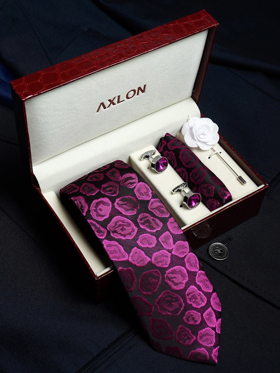 

AXLON Men Printed Tie Set With Pocket Square, Cufflink & Flower Pin, Purple