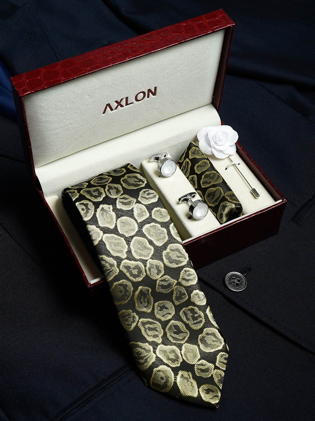 

AXLON Men Geometric Design Tie Set With Pocket Square-Cufflink & Flower Pin, Beige