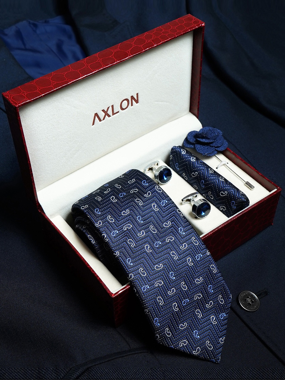 

AXLON Set Of 4 Printed Necktie Pocket Square With Cufflink & Flower Pin Accessory Gift Set, Navy blue