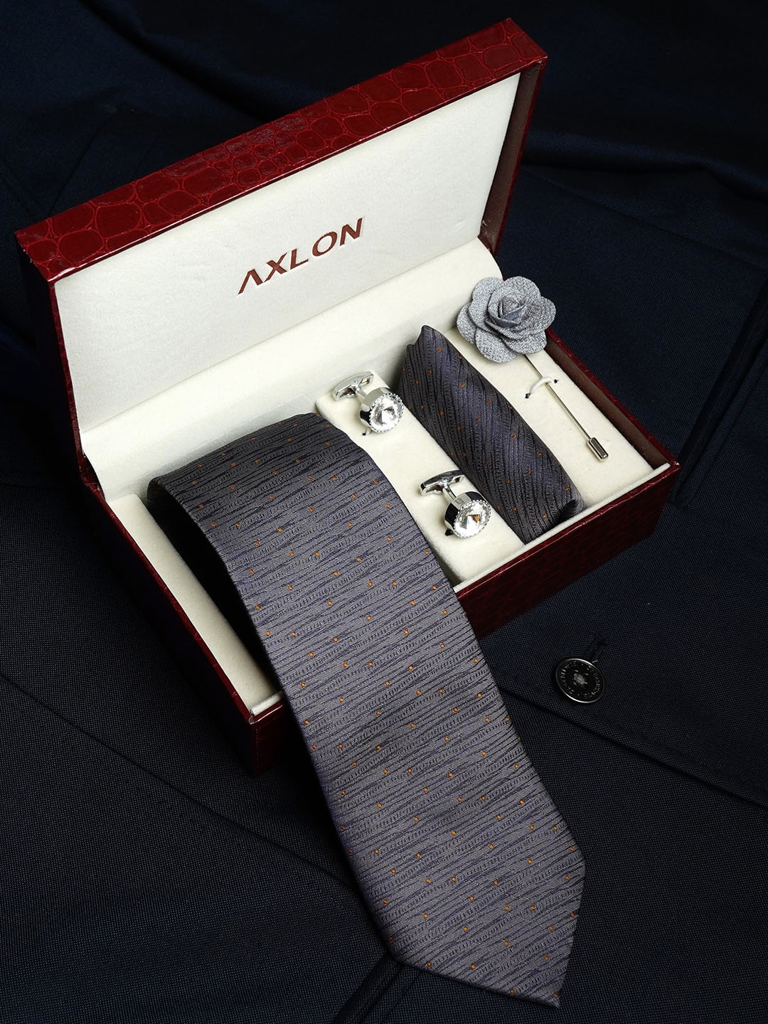 

AXLON Men Geometric Design Tie Set With Pocket Square-Cufflink & Flower Pin, Grey