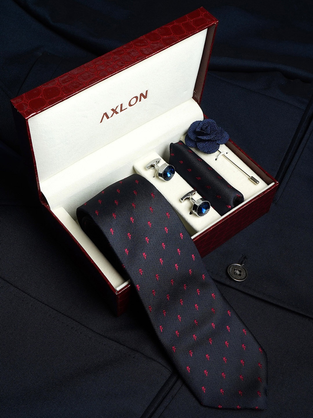 

AXLON Men Printed Tie Set With Pocket Square, Cufflink & Flower Pin, Navy blue