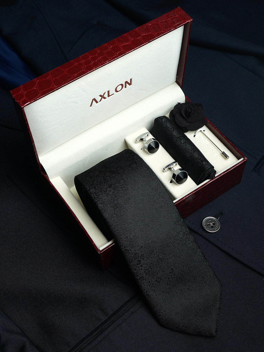 

AXLON Men Printed Tie Set With Pocket Square, Cufflink & Flower Pin, Black