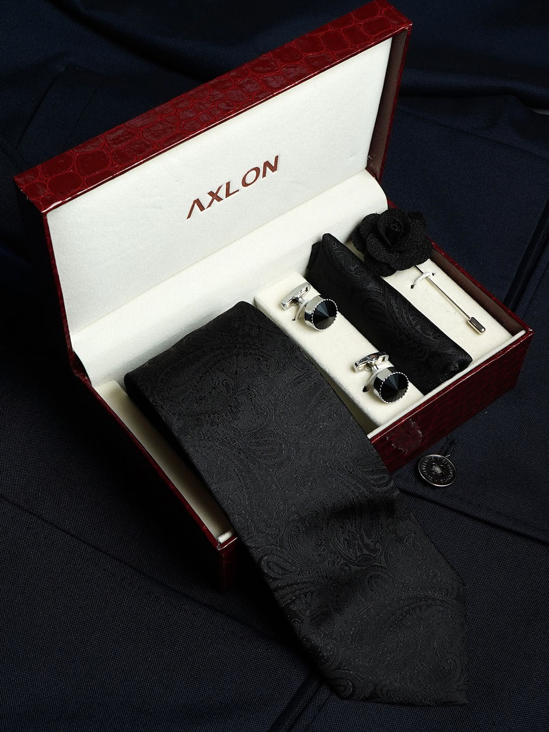 

AXLON Set Of 4 Printed Necktie Pocket Square With Cufflink & Flower Pin Accessory Gift Set, Black