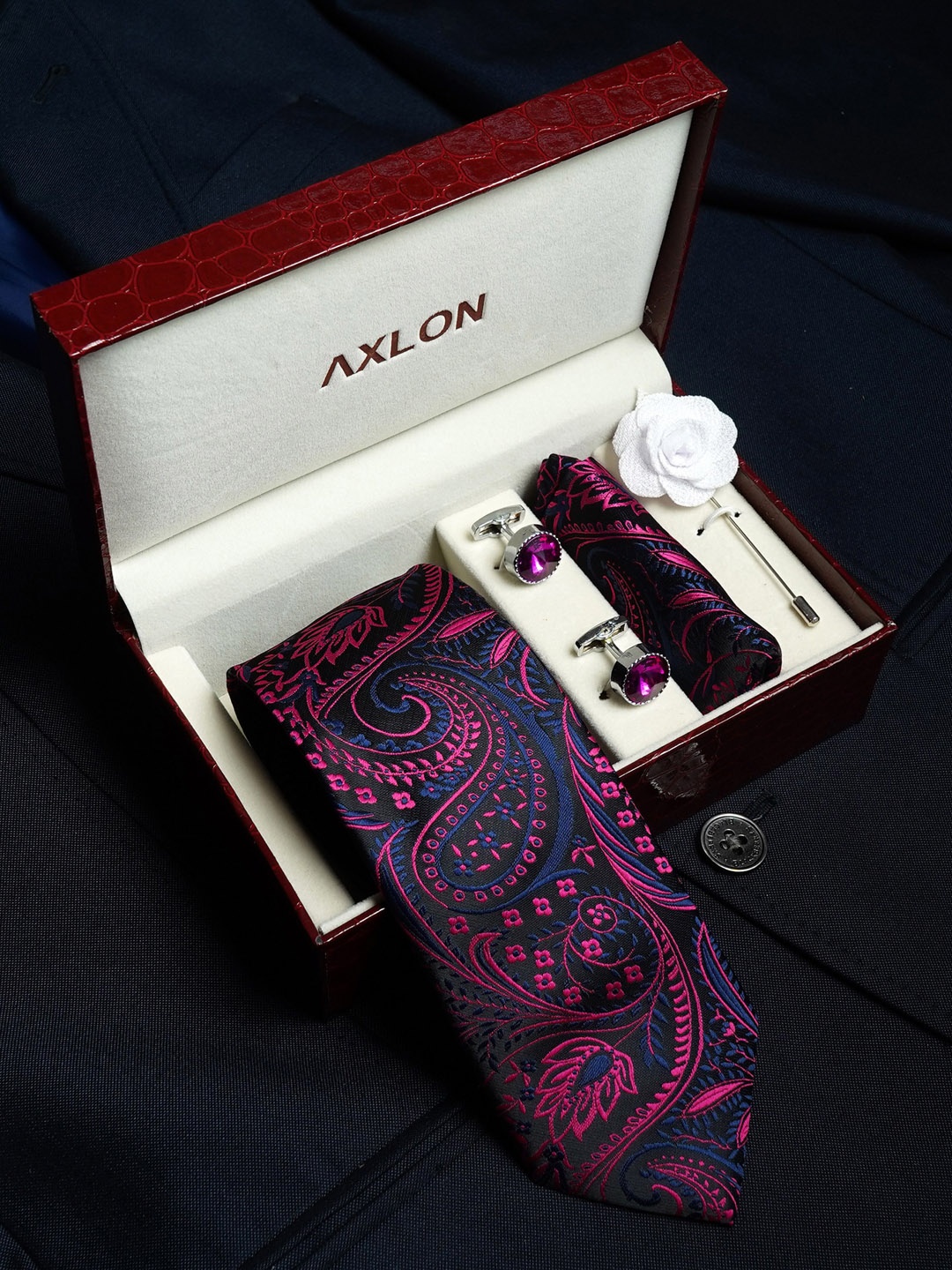 

AXLON Men Printed Tie Set With Pocket Square, Cufflink & Flower Pin, Purple
