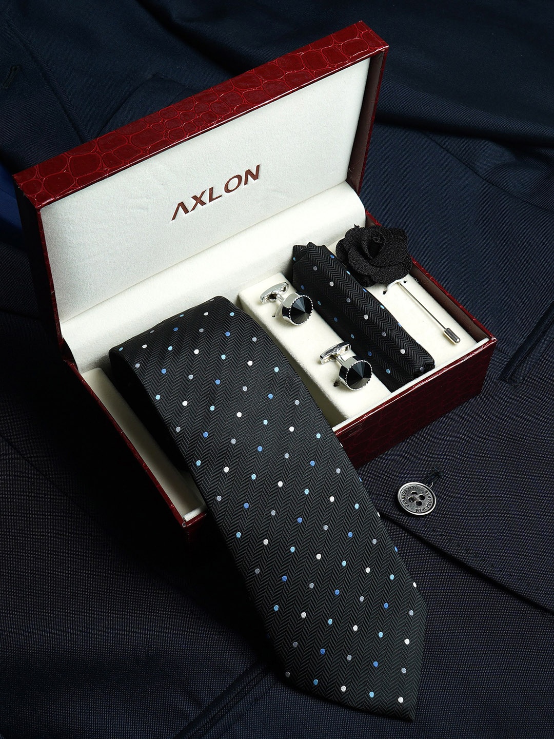 

AXLON Men Polka Dotted Design Tie Set With Pocket Square-Cufflink & Flower Pin, Black