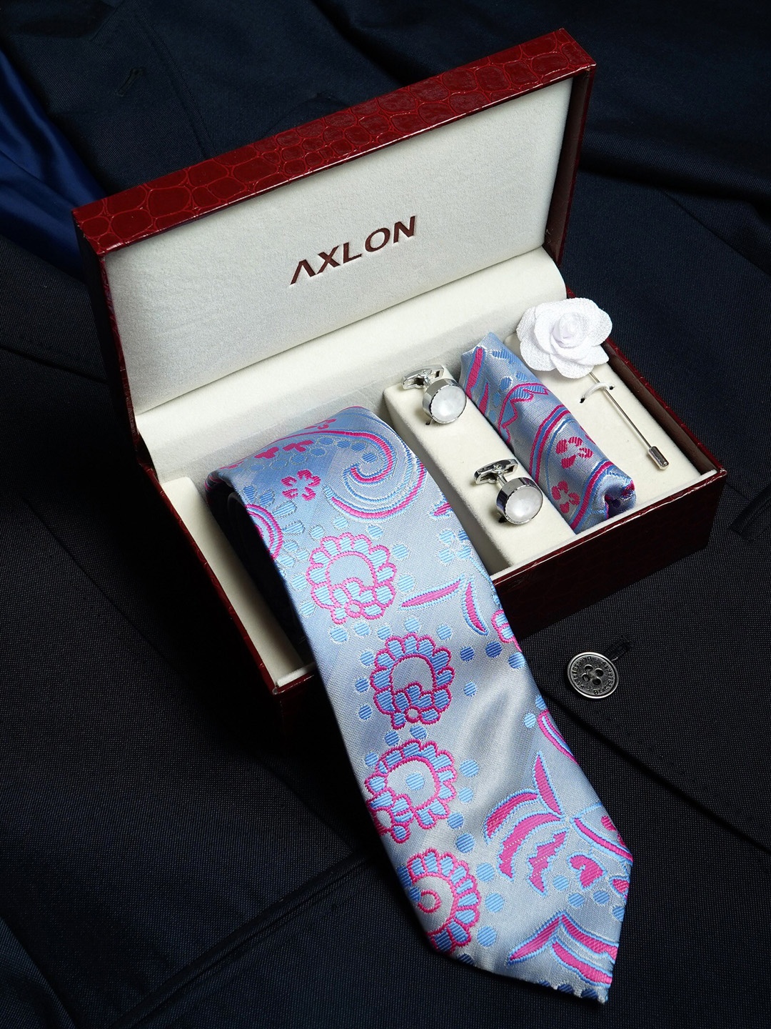 

AXLON Set Of 4 Printed Necktie Pocket Square With Cufflink & Flower Pin Accessory Gift Set, Blue
