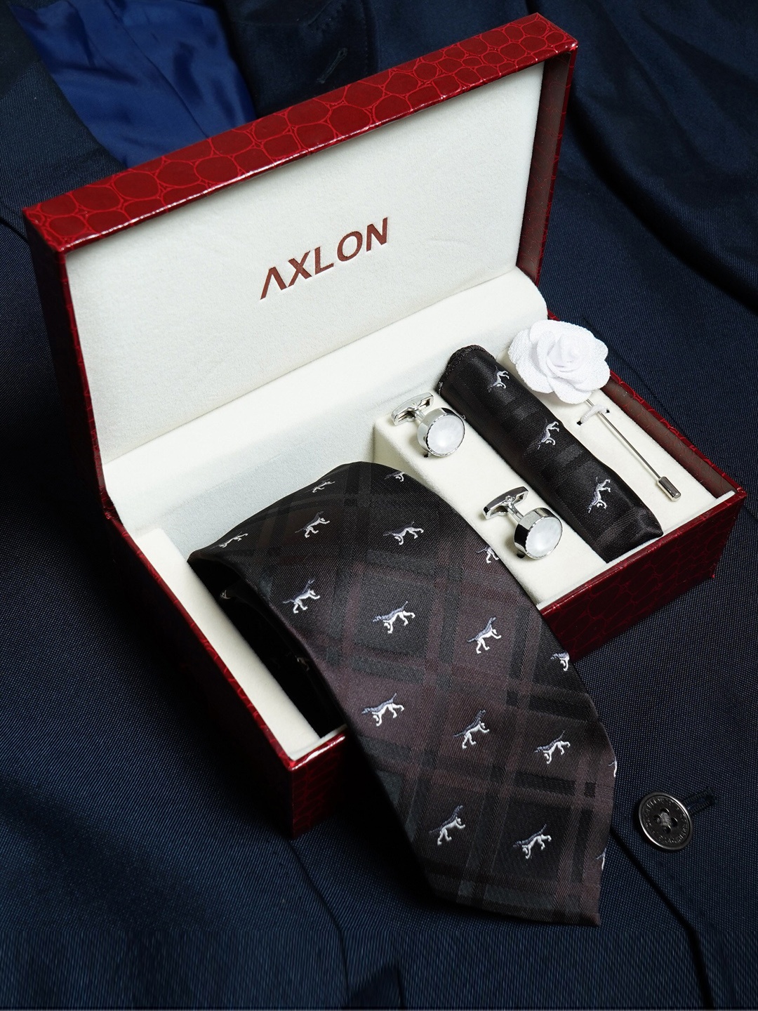 

AXLON Men Printed Tie Set With Pocket Square, Cufflink & Flower Pin, Black