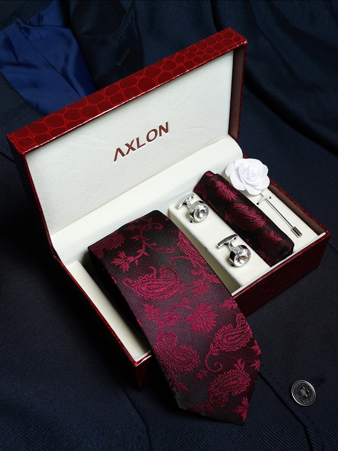 

AXLON Set Of 4 Printed Necktie Pocket Square With Cufflink & Flower Pin Accessory Gift Set, Maroon