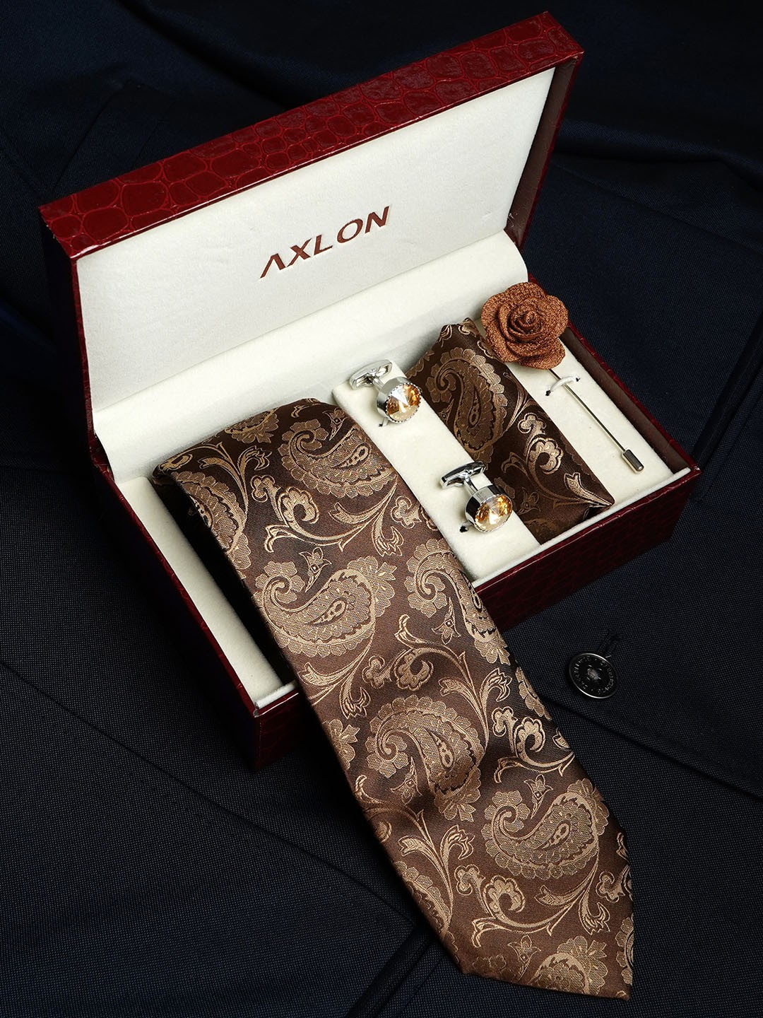 

AXLON Men Paisley Design Tie Set With Pocket Square-Cufflink & Flower Pin, Brown