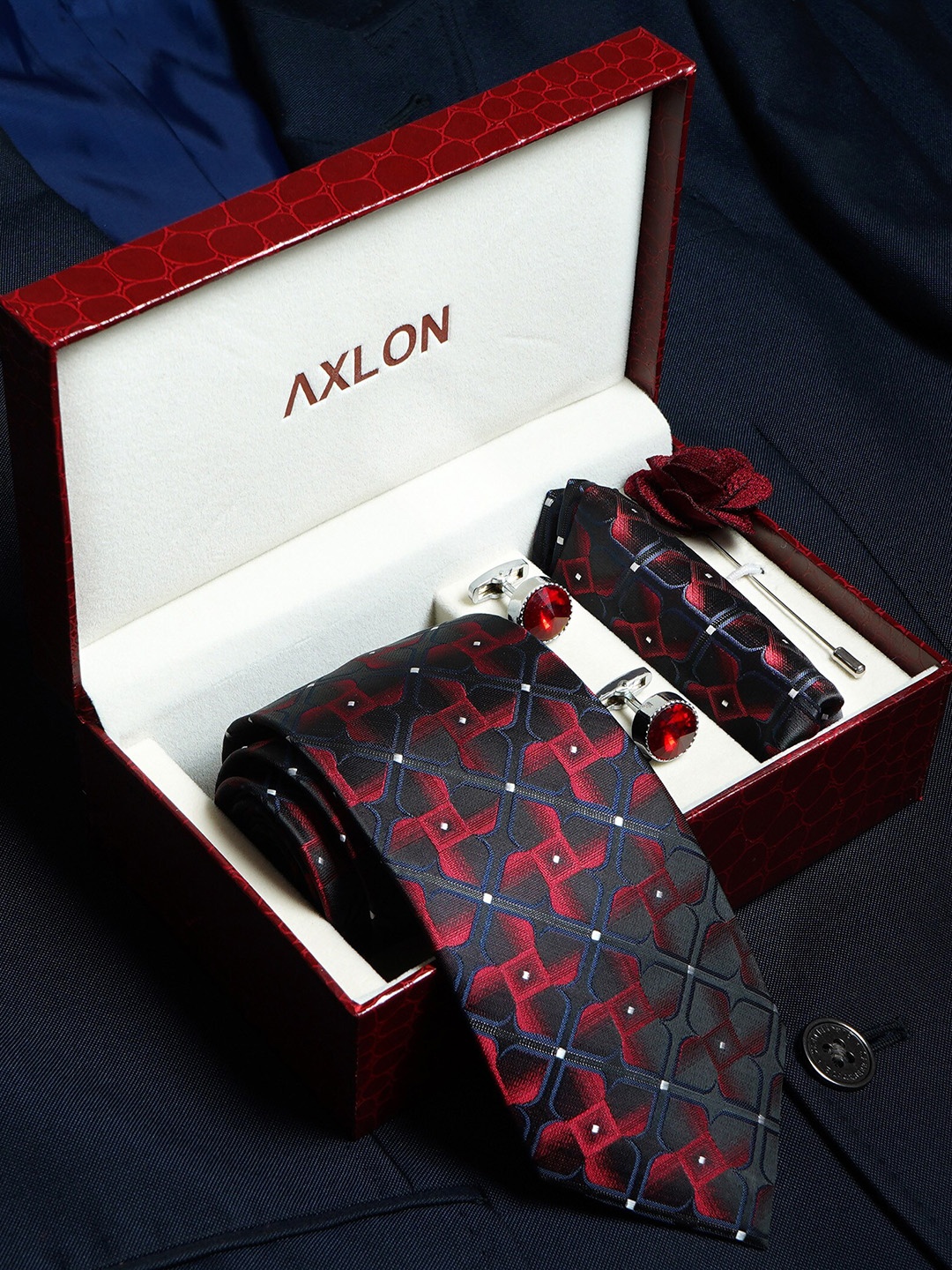 

AXLON Men Printed Tie Set With Pocket Square, Cufflink & Flower Pin, Red