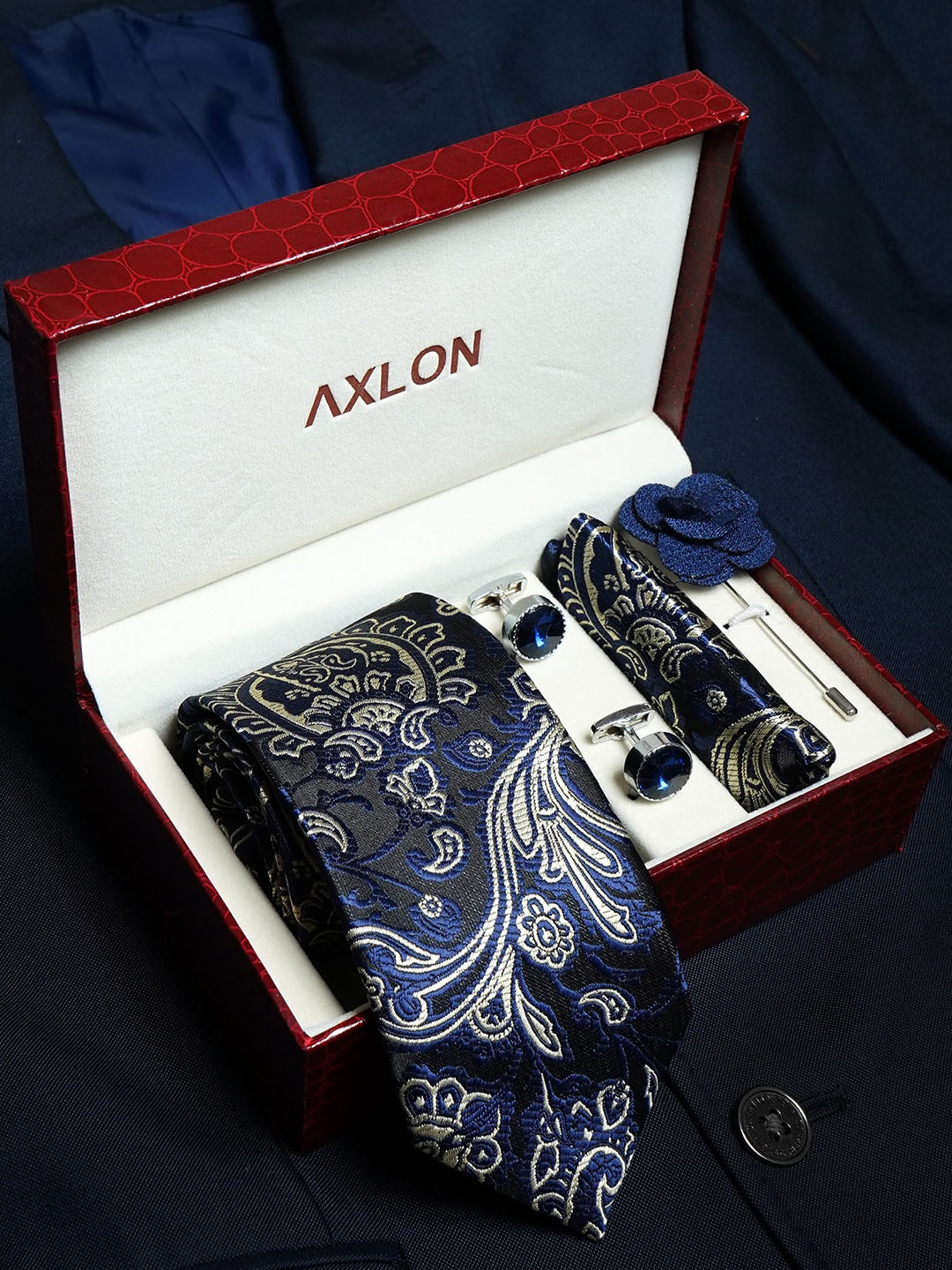 

AXLON Men Printed Tie Set With Pocket Square, Cufflink & Flower Pin, Navy blue