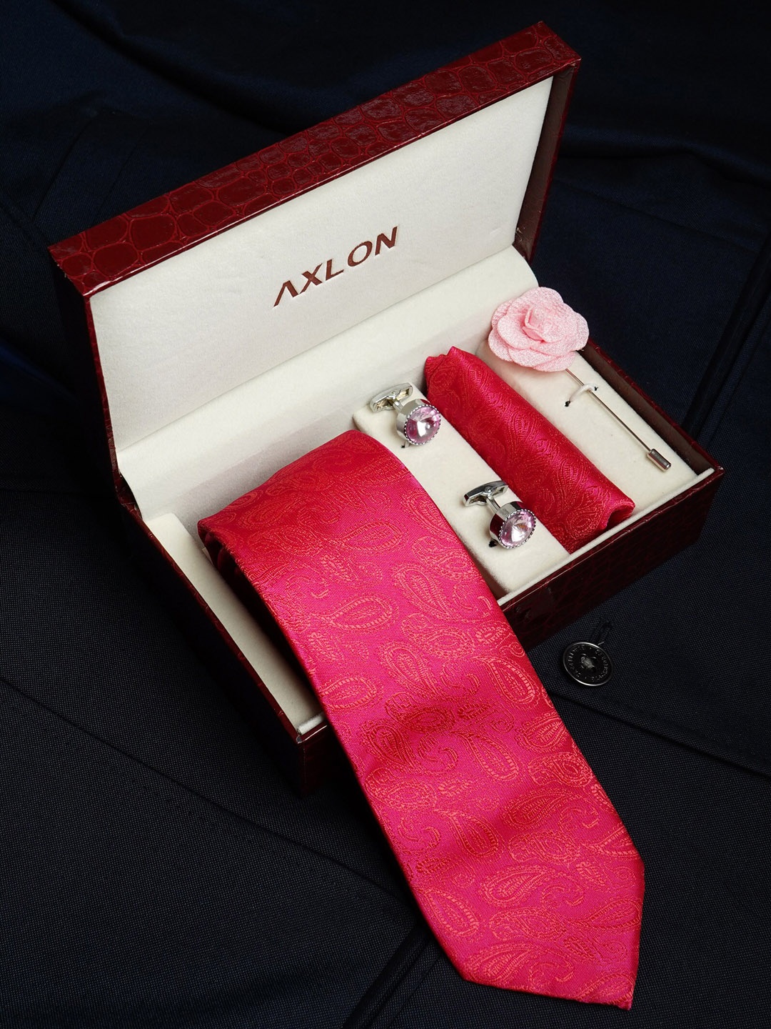 

AXLON Men Printed Tie Set With Pocket Square, Cufflink & Flower Pin, Pink