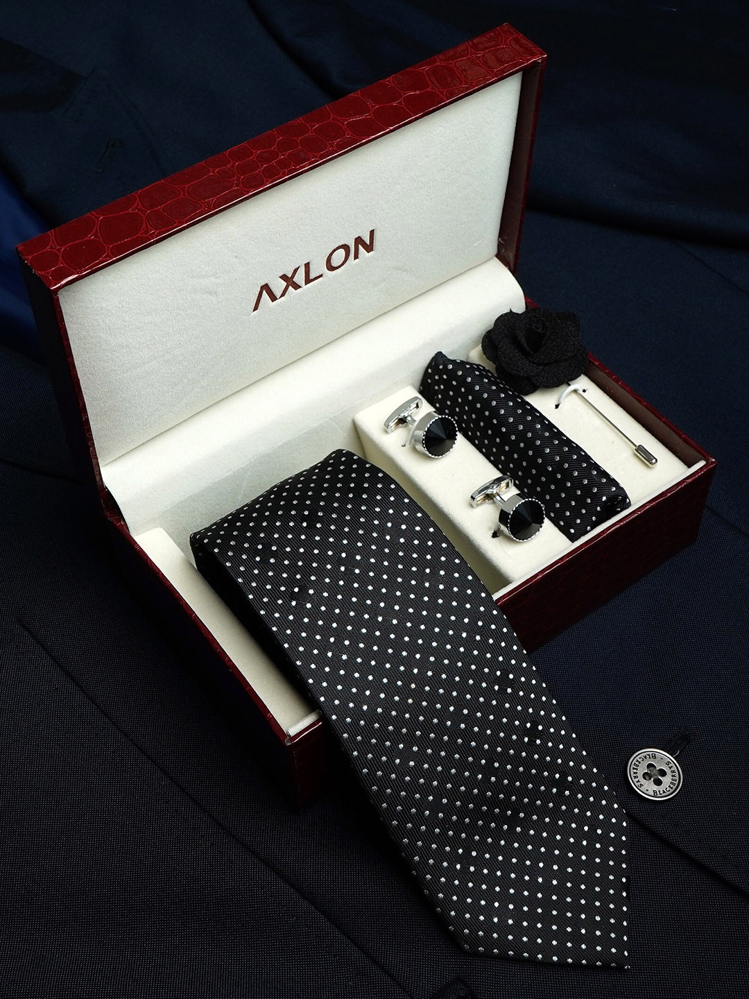 

AXLON Men Polka Dotted Design Tie Set With Pocket Square-Cufflink & Flower Pin, Black